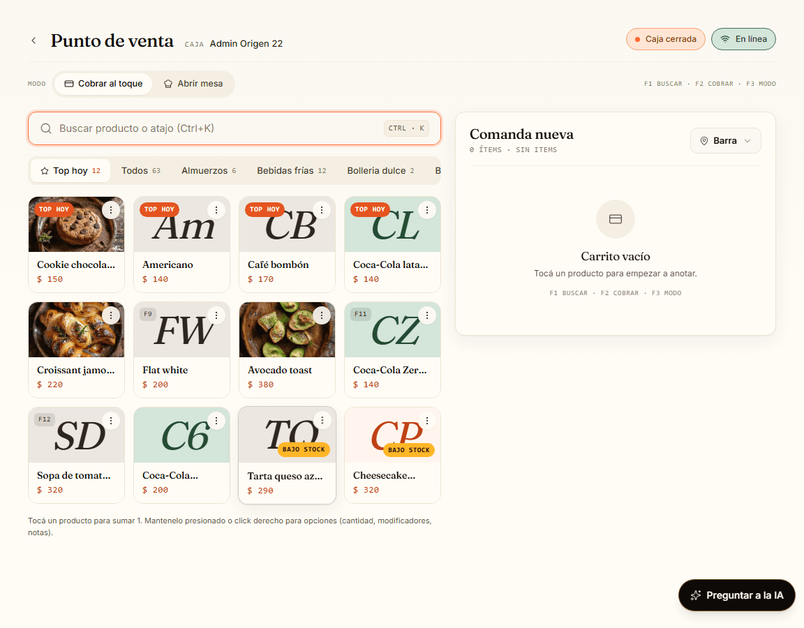 POS de OrigenOS — interfaz real del producto